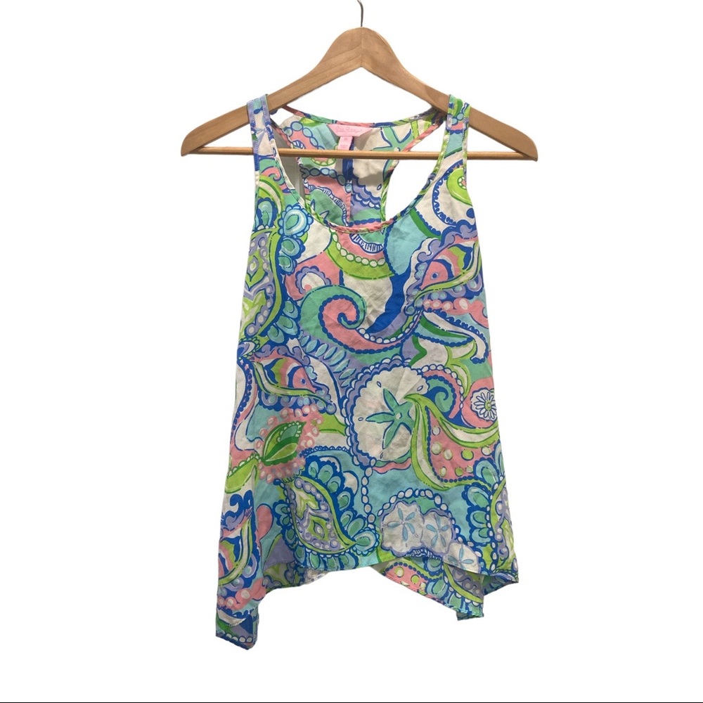 Lilly Pulitzer Womens XS 100% Silk Tank Blouse Racerback Delia Multi Conch Shift